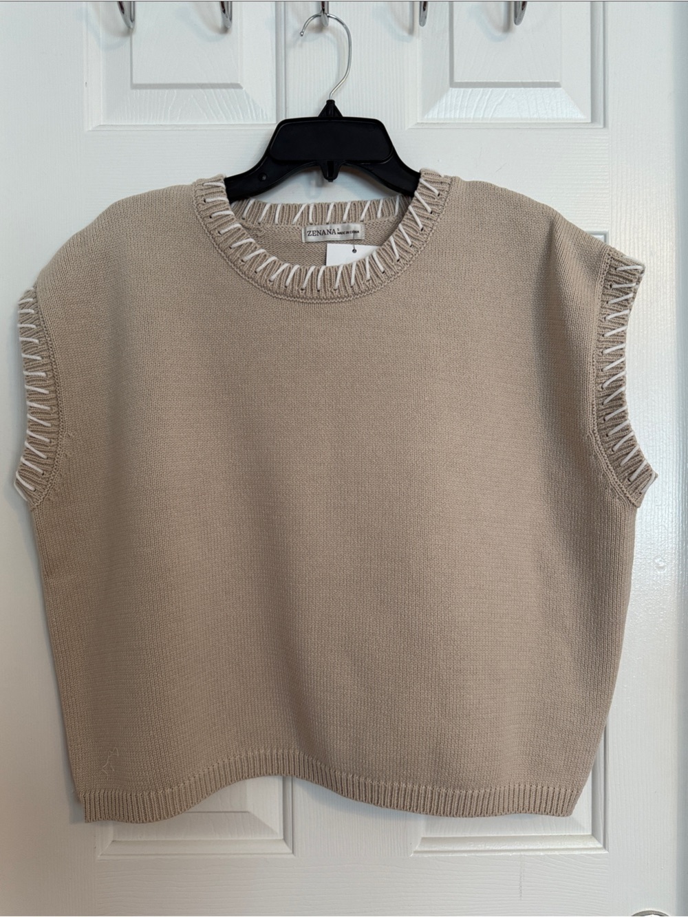 Zenana Outfitters Beige Knit Top with White Trim
